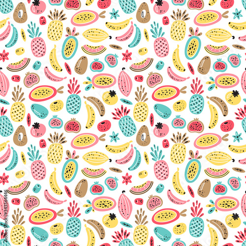 Cartoon Tropical Fruits and Berries Vector Seamless Pattern. Colorful Fruit Wallpaper. Healthy Summer Food Background