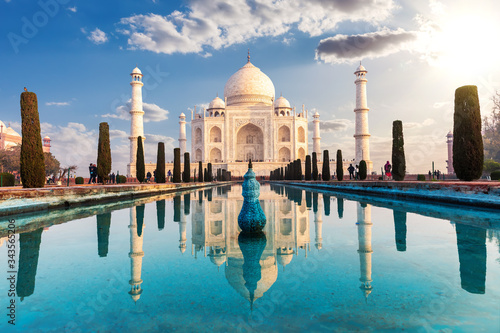 Taj Mahal and its reflection, famous view of India, Agra