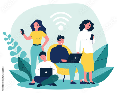 Young people browsing online via laptop and smartphones flat vector illustration. Users watching movie, surfing on sites and using Wi-Fi. Social media and digital technology concept.