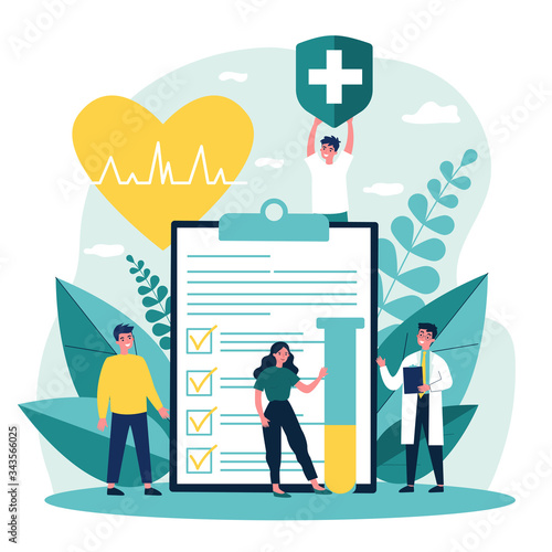 Patients and doctor advertising health insurance. People presenting medical checklist. Vector illustration for healthcare, protection, security, medical service concept
