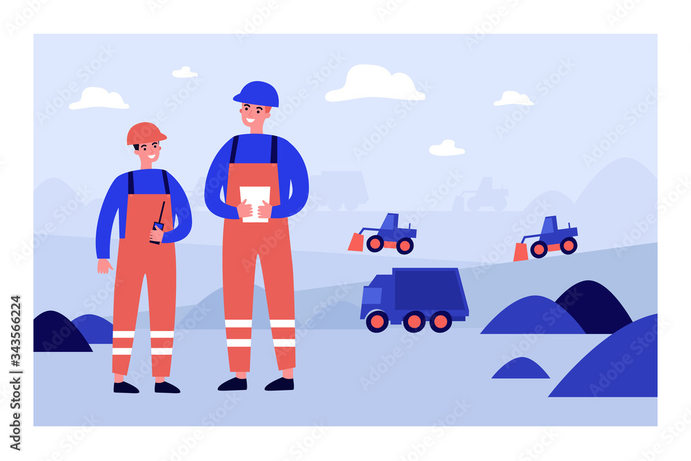 Coal mine engineers wearing protective uniforms, standing on construction site with heavy machines on background. Vector illustration for factory, industry, labor, blue collar concept Coal mine engineers wearing protective uniforms, standing on construction site with heavy machines on background. Vector illustration for factory, industry, labor, blue collar concept