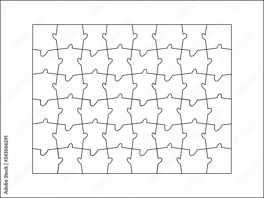 Set of forty eight puzzle pieces. Puzzle with different types of details and the ability to move each part. Black and white vector illustration