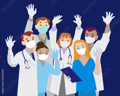 Animation of doctors and nurses team waving to camera.