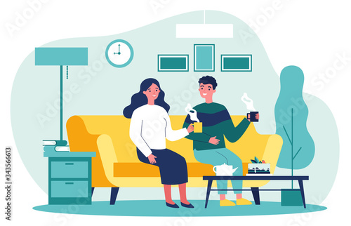 Couple in love sitting together at sofa with cups of coffee and talking flat vector illustration. Man and woman living in apartment Romantic relations and home concept