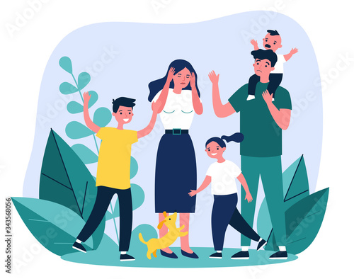 Tired young parents and mischievous happy children flat vector illustration. Exhausted mother and father surrounded by kids. Large family and parenting concept