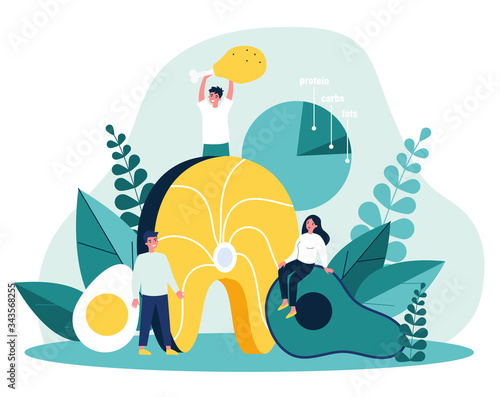 Happy people keeping keto diet and eating high fat and protein foods. Meat, fish, eggs and avocado lovers. Vector illustration for ketogenic diet, healthy nutrition concept