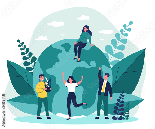 Earth, men with plants and women flat vector illustration. Tiny people saving world ecology and huge planet at background. Eco, environment and protecting nature concept