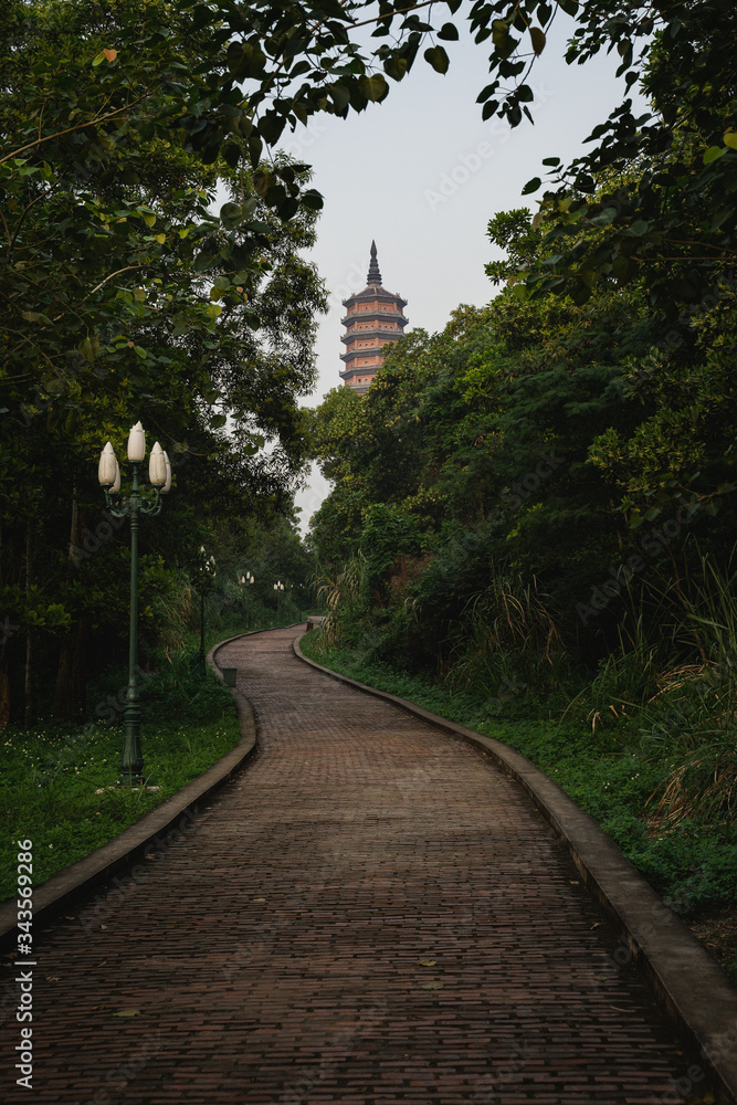 Fototapeta premium Bai dinh tower pagoda behind the trees