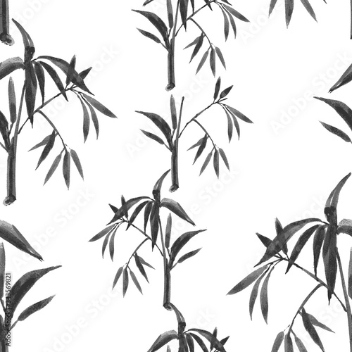 Fototapeta Naklejka Na Ścianę i Meble -  Watercolor seamless pattern with bamboo plant drawing. Vector