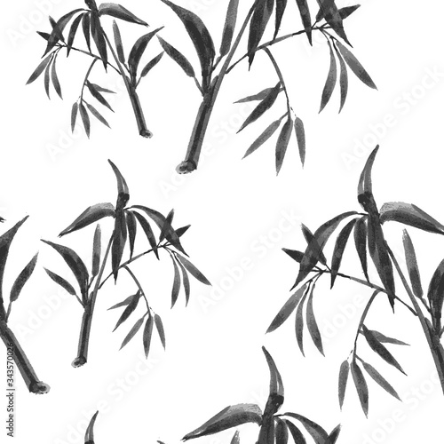 Fototapeta Naklejka Na Ścianę i Meble -  Hand-drawn watercolor seamless pattern with bamboo plant drawing. Repeated background with bamboo. Vector
