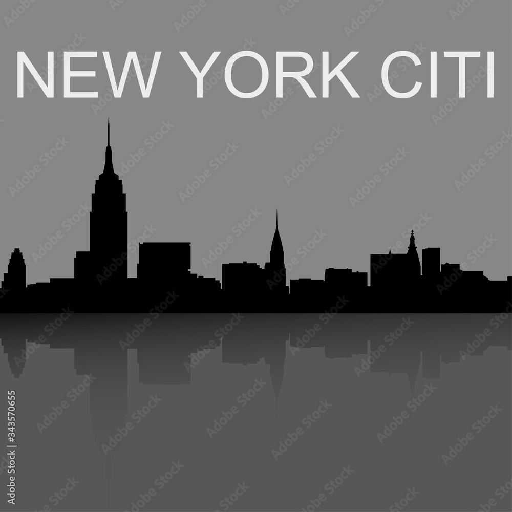 Modern vector landscape, New York skyline. Modern city, houses, skyscrapers. Gray silhouette of buildings on black background. Flat style. Vector