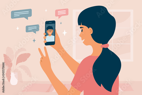 Video call between friends. Cute girl holding smartphone, smiling and greeting boy on device screen. Stay at home, meeting and chatting online by mobile app. Distance conversation. Vector illustration