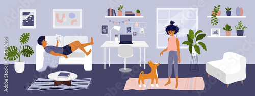 Stay at home vector illustration. Young couple spending time in living room, man reading book, cute girl playing with dog. Card cozy modern apartment interior with houseplants. Coronavirus quarantine