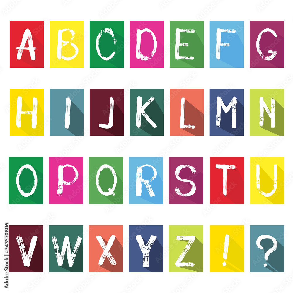 Flat multicolored sketch lettering design, alphabet icons with long shadow, concept background. Isolated on white background. Flat style. Vector Flat multicolored sketch lettering design, alphabet icons with long shadow, concept background. Isolated on white background. Flat style. Vector