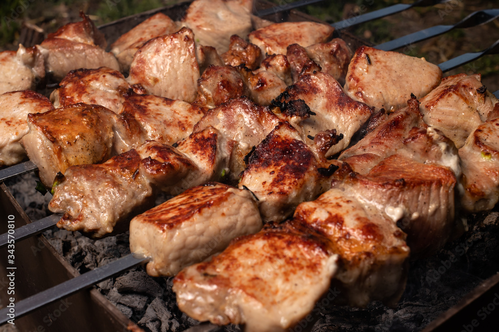 Pork skewers. Juicy tasty hot meat on the grill in the fresh air. Picnic in the nature, B-B-Q (barbecue).