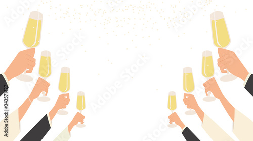 People hand raise champagne glasses to celebrating party in flat icon design on white color background
