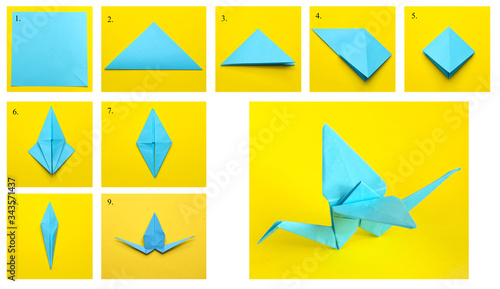 Step-by-step instructions on how to make a crane using the origami technique. DIY concept. Children's creativity.