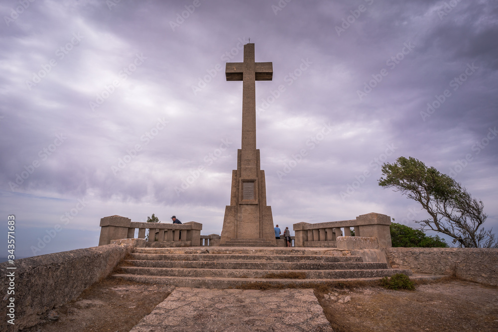 Sculptural monument in the sanctuary of Sant Salvador at sunset. Mallorca