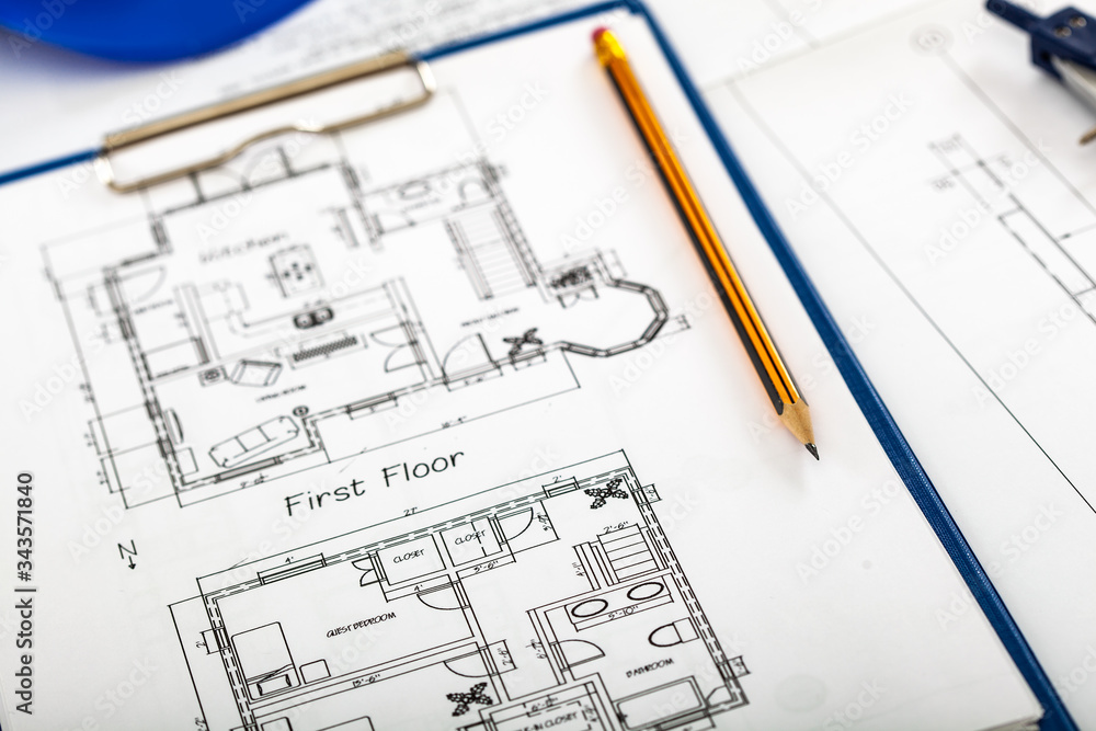 Blueprint and a pencil, engineering concept Blueprint and a pencil, engineering concept