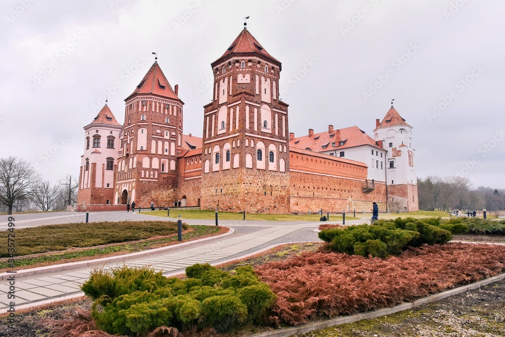 Minsk, Belarus - March 2020. Beautiful medieval Mir castle. Famous landmark in Belarus. Red bricks old castle complex Mirsky zamok. UNESCO world heritage
