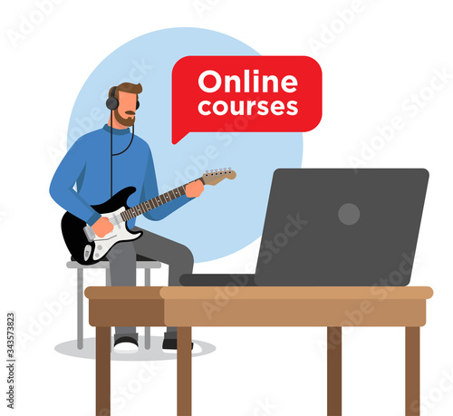 Man playing guitar. Online course. Online lesson. Learning how to play the guitar.