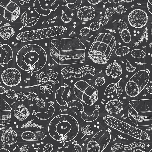 Vector Food background. Sausages Seamless pattern. Vector Meat products: Ready sausage, bacon, sliced saveloy, sausage, spicy pepperoni, smoked sausages, salami, baked meatloaf, frankfurters