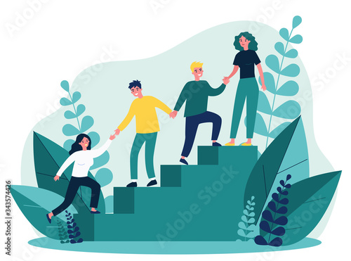 Obraz na płótnie Happy young employees giving support and help each other flat vector illustration