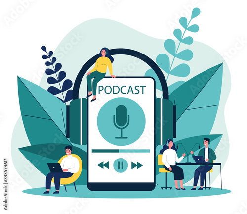 People listening speakers from broadcasting station flat vector illustration. Man and woman listening podcast online Anchorperson sitting and talking to microphone. Radio and technology concept