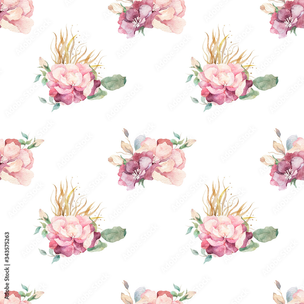 Hand drawn watercolor pattern with red, white and blue roses, peony and lilac flowers and green leaves. Isolated on white background for wedding invite design