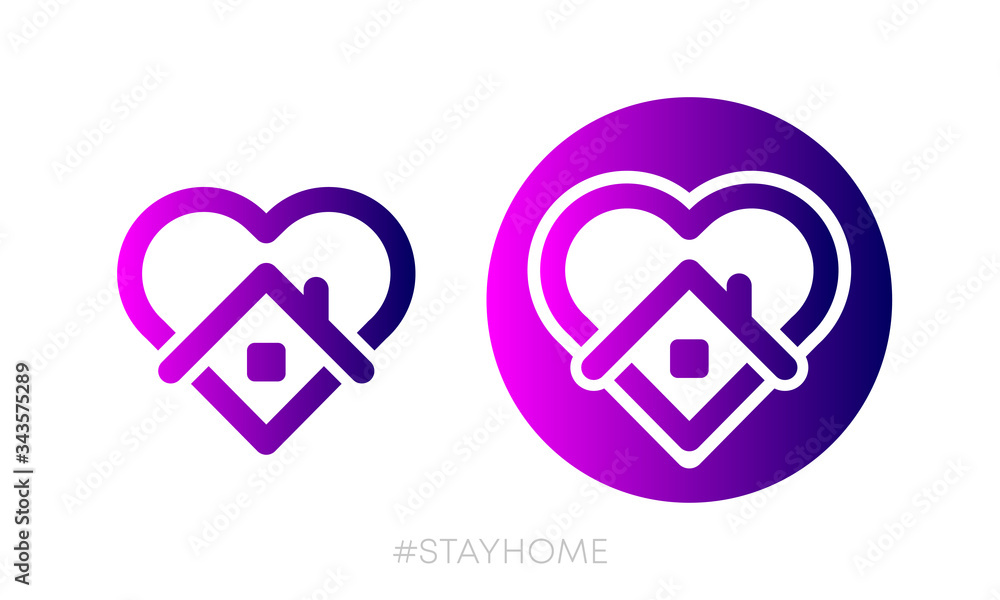 Stay at home symbols. Heart and house pictogram for #stayhome social media campaign on white background. Two icon. Vector