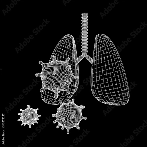 Corona Virus and Lungs with trachea bronchi internal organ human. Covid virus pulmonology medicine science concept. Wireframe low poly mesh vector illustration.