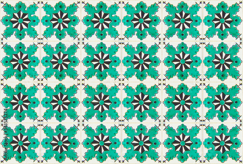Vintage geometric tile. Portuguese or Spanish retro old tiles mosaic, Mediterranean seamless turquoise design. Ornamental textile background.
