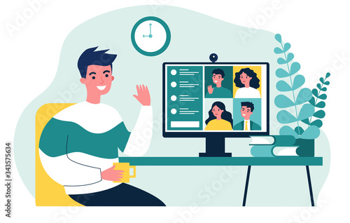 Worker using computer for collective virtual meeting and group video conference. Man at desktop chatting with friends online. Vector illustration for videoconference, remote work, technology concept
