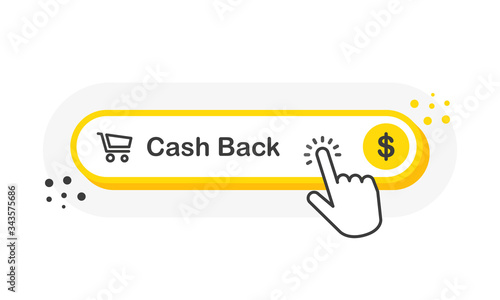 Cash Back yellow 3D button with hand pointer clicking. White background. Vector