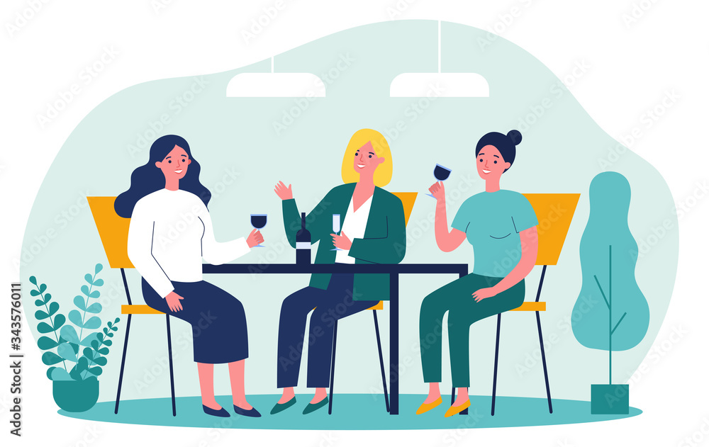 Happy female friends hanging out in cafe. Cheerful women sitting at table, talking, laughing, drinking wine. Vector illustration for communication, friendship, friendly meeting concept Happy female friends hanging out in cafe. Cheerful women sitting at table, talking, laughing, drinking wine. Vector illustration for communication, friendship, friendly meeting concept