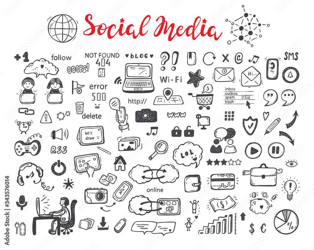 Internet of Things. Hand drawn Doodle Cloud Computing Technology and Social Media Icons Vector Set