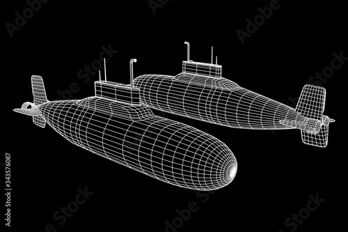 Military atomic submarine underwater boat. Wireframe low poly mesh vector illustration