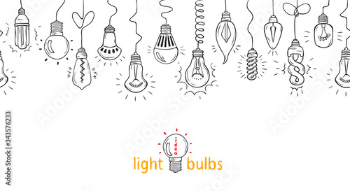 Hanging Light Bulbs horizontal Vector Seamless border. Symbol of Hand drawn light bulb idea
