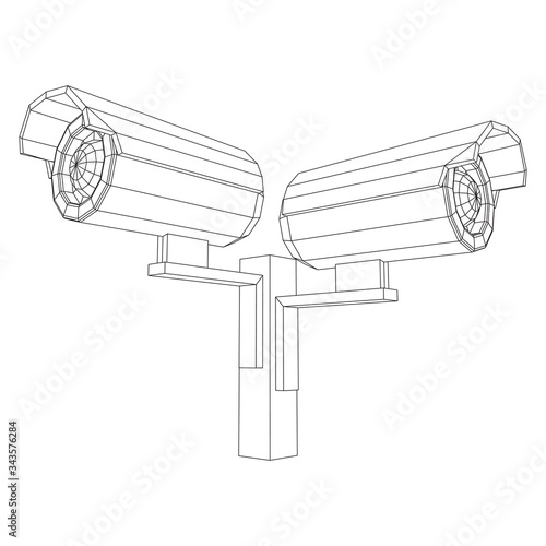 Modern video camera. Webcam viewing area. Safety, security concept. Wireframe low poly mesh vector illustration.