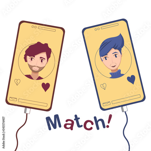 Dating service, mobile application to find partner, love, friend or roommate. Successfull match. Two men couple flat cartoon vector isolated. Cell phone with charge cord. Virtual relationships concept