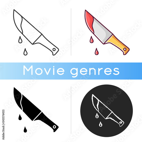 Thriller movie icon. Linear black and RGB color styles. Suspenseful cinema genre, survival horror, action. Shocking films with gore and violence. Bloody knife isolated vector illustrations.