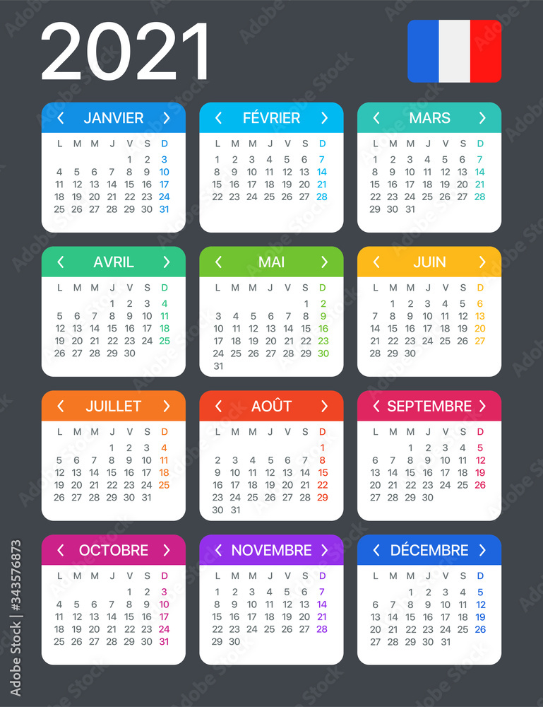 2021 Calendar - vector template graphic illustration - French version 2021 Calendar - vector template graphic illustration - French version