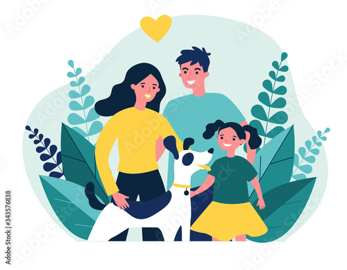Parents presenting pet to their child flat vector abstract illustration. Happy family adopting dog. Little girl greeting new friend. Charity and animal adoption concept.
