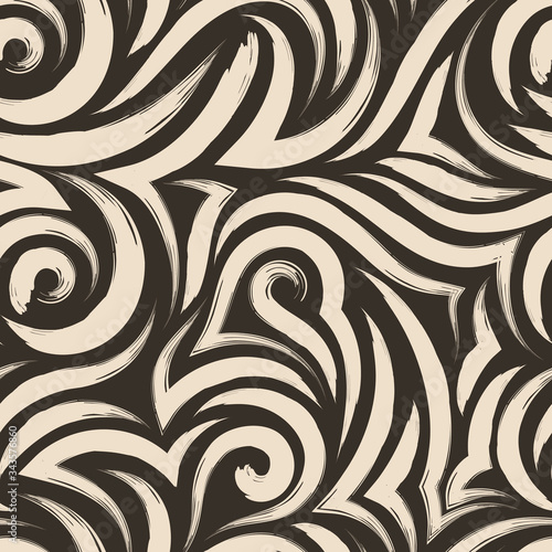 Vector seamless pattern of beige smooth and angular lines or brush strokes isolated on a dark brown background.Texture for fabrics or wrapping paper from two shades of brown