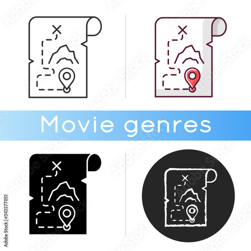 Adventure film icon. Linear black and RGB color styles. Popular movie genre, filmmaking category. Exciting story with travel and exploration. Treasure map isolated vector illustrations.
