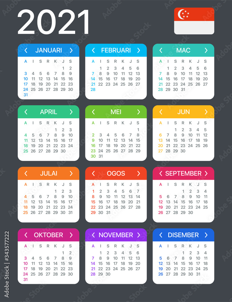 2021 Calendar - vector template graphic illustration - Singaporean version 2021 Calendar - vector template graphic illustration - Singaporean version