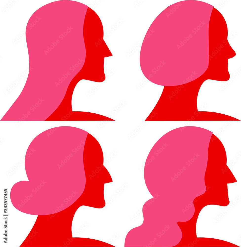 Red icon of the girl. Different hairstyles, look options. Vector icons, illustrations of girls. Red silhouettes. Red icon of the girl. Different hairstyles, look options. Vector icons, illustrations of girls. Red silhouettes.