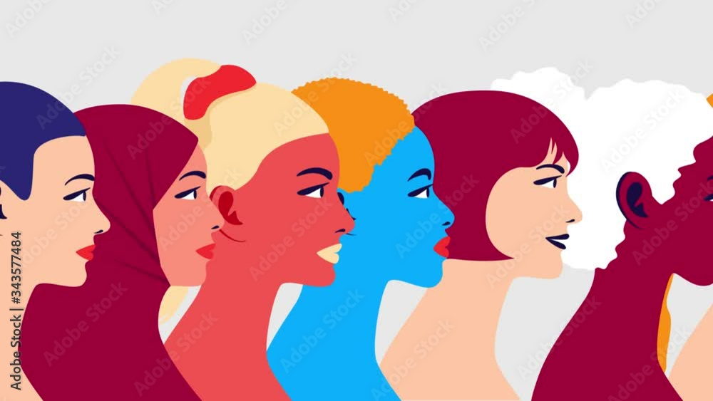 Women Rights Animation Women community and feminism movement. Multiethnic group of young women ...