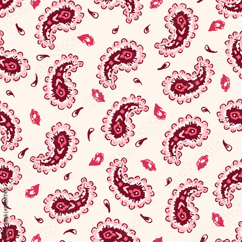 Hand-Drawn Artistic Coral, Red, White Paisley Vector Seamless Small Scale Pattern. Boho Traditional Ethnic Fashion Shawl Print. Monochrome Line Painterly Doodle Folk Foulard Texture Background