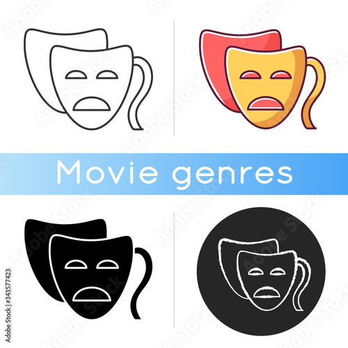Drama icon. Linear black and RGB color styles. Serious film and TV production. Common movie genre, classic theater. Popular cinematography category. Tragedy mask isolated vector illustrations.